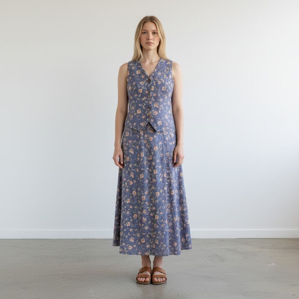 Pendleton Women's Blue Floral Vest & Midi Skirt 2 Piece Set Size M / 10